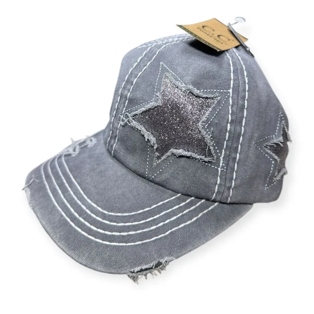 Gray‎ Ponytail Pony Cap Stars Hat New